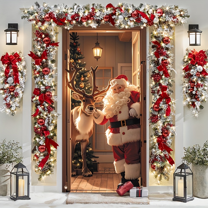 

Christmas Door Banner Decoration - 1 Piece, Santa Claus And Reindeer , Polyester, Ideal For Entrance, Multipurpose Celebration Banner, No Power Required, Christmas Eve And Holiday Parties