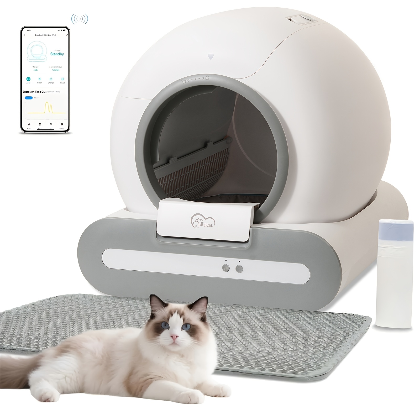 doel self-cleaning cat litter box automatic cat litter box with litter mat  and trash bags 65l large capacity cat toilet app control 2.4g wifi, without  battery - pet supplies - Temu Finland