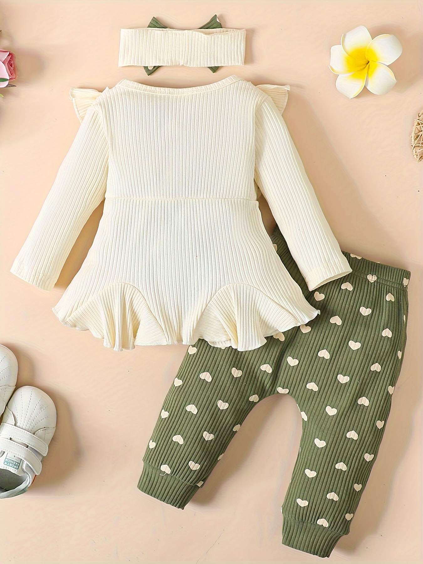 3pcs Baby Girl Sweet Ruffle Sweater, Leggings & Bow Headband Set, Christmas Gifts,Temu