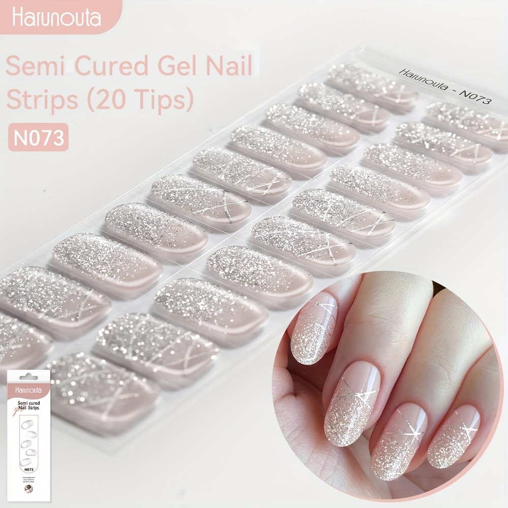 Image of Harunouta 20strips Semi Cured Gel Nail Strips Geometric Glitter Gel Nail Stickers Nude Shiny Gel Nail Wraps Gel Polish Stickers Nail Art Manicure For N073