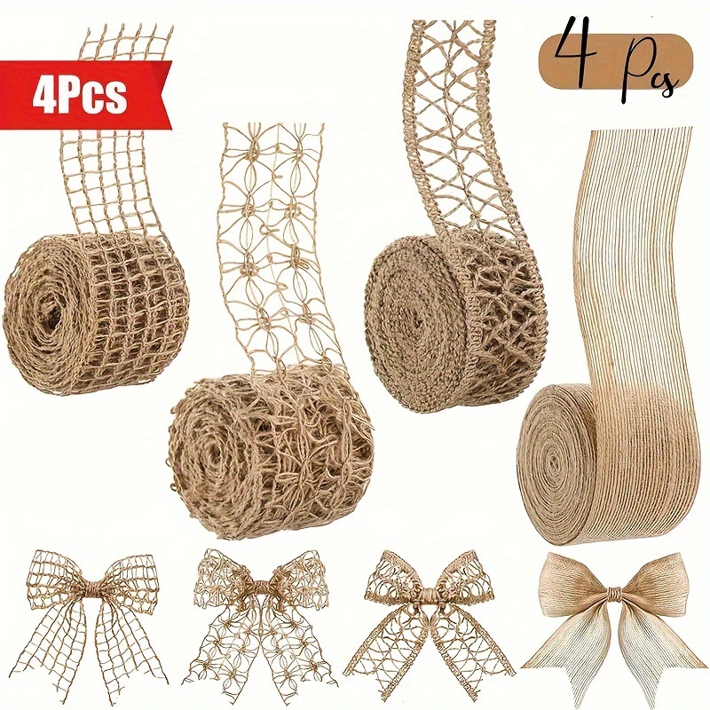 Image of 4pcs Vintage Linen Burlap Ribbon Set Jute Fabric Ribbons With Mesh, No-fray Edges For Holiday Parties, Home Decor, Gift Wrapping - Christmas, Hanukkah, New Year, Valentine's Day&halloween, School