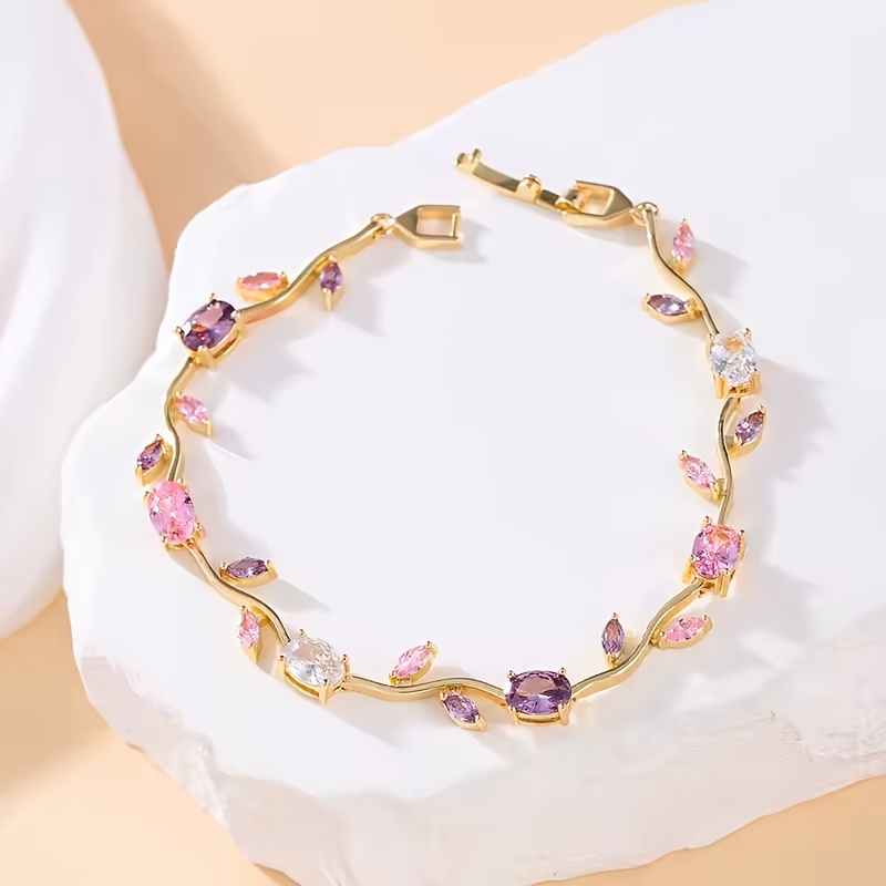 TEMU Women's Bohemian Leaf Cz Wedding - Cubic Synthetic Zirconia Bridesmaid Jewelry Gift Suitable For Mom, Bridal Wedding, Elegant Blush Flower Chain
