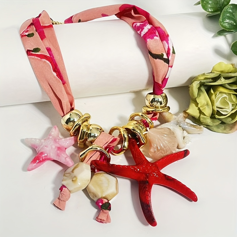 Beach Vacation Leopard Print Ribbon Shell & Starfish Choker Necklace