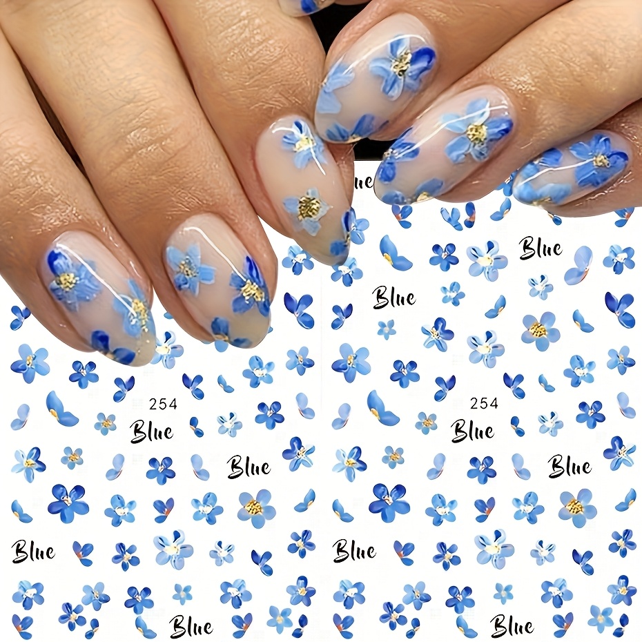 2pcs Elegant Blue Floral Nail Stickers - Self-adhesive Art With, For Women, Wedding, Party, Everyday Manicure - Easy Application & Long-lasting Decoration