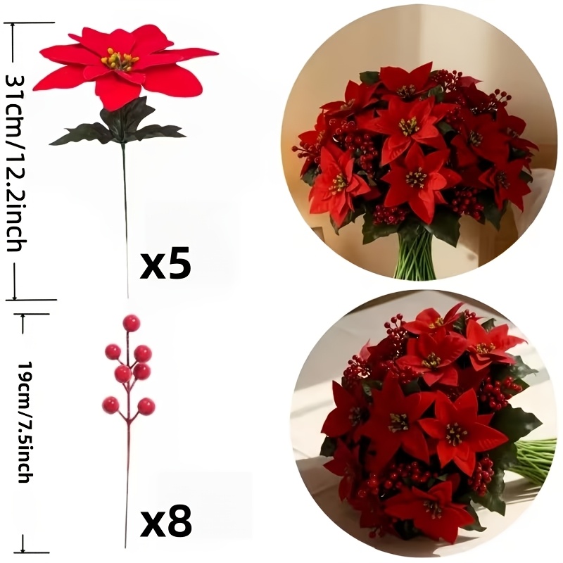 TEMU Lot de 13 fleurs artificielles de poinsettia avec - Fleurs décoratives de Noël rouges avec feuilles vertes - Matériau durable et entretien -