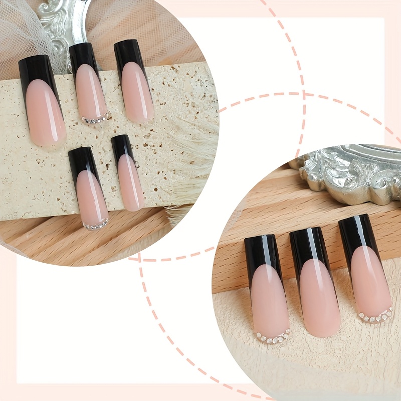 TEMU 24pcs Black -on Nails – Long Shape With Rhinestones, Minimalist | Reusable Detachable Fake Nails To Your Style & Outfits, Perfect For Daily Wear