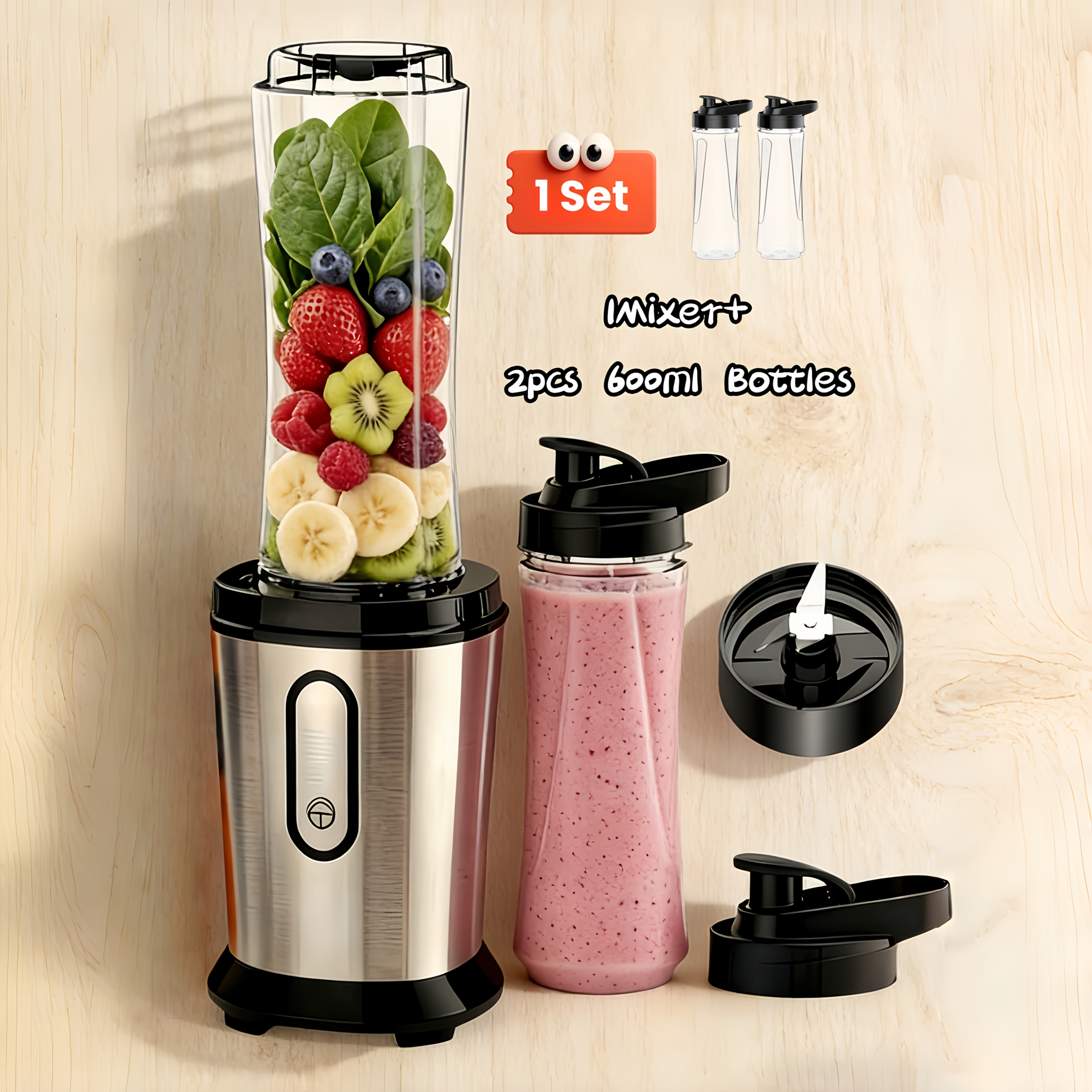 E-shop 500W Tragbarer Mixer für Smoothies: Persönlicher Standmixer mit 2x 600ml-Wasserflaschen, 3 Edelstahlmesser, Mini-Küchenmaschine, Entsafter &