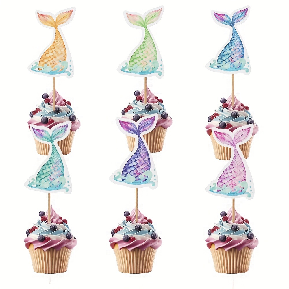 

12 Paper Mermaid Tail Cake Toppers, Baking Decorations.