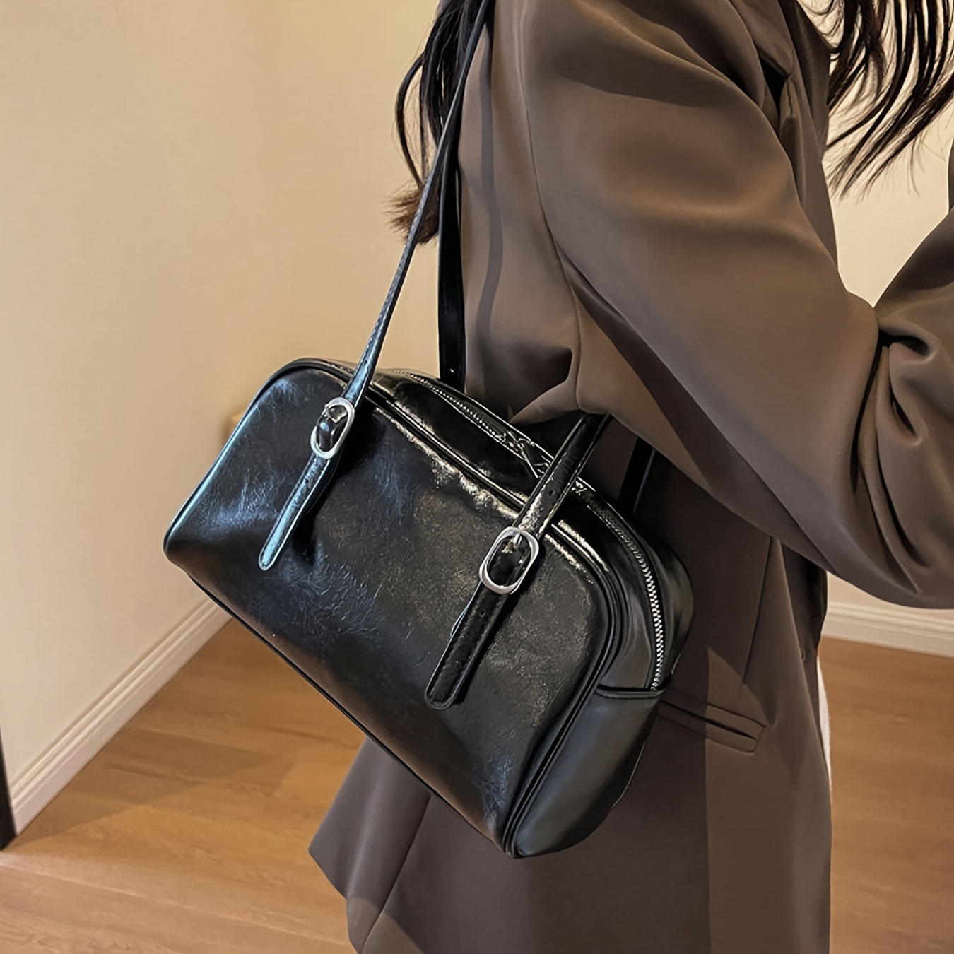 

Women's Chic Black Pu Leather Shoulder Bag, Vintage Elegant Handbag With Adjustable Straps For Daily Use