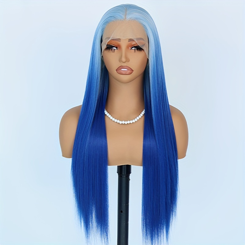 Blaue Ombre Lace Front Perücke – Lang, Glatt, Mit Dunklen Wurzeln, 24 Zoll, Hitzebeständig
