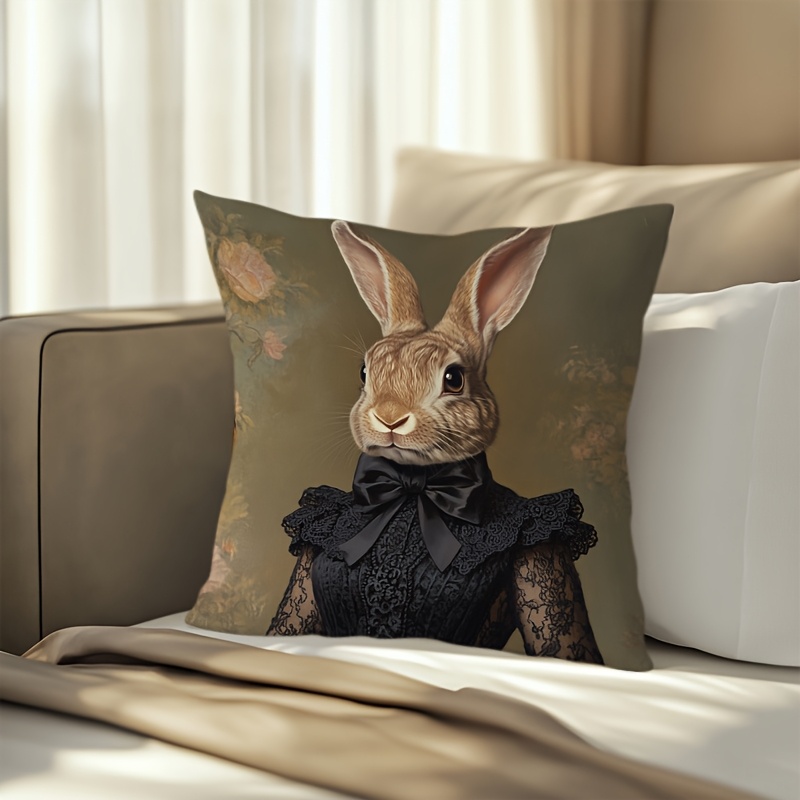 TEMU 1pc Easter Bunny Pillowcase, 17.8 X 17.8 Inches - Soft, Zipper Closure, Festive With Black Lace Dress, Home Decor For Living Room And Bedroom