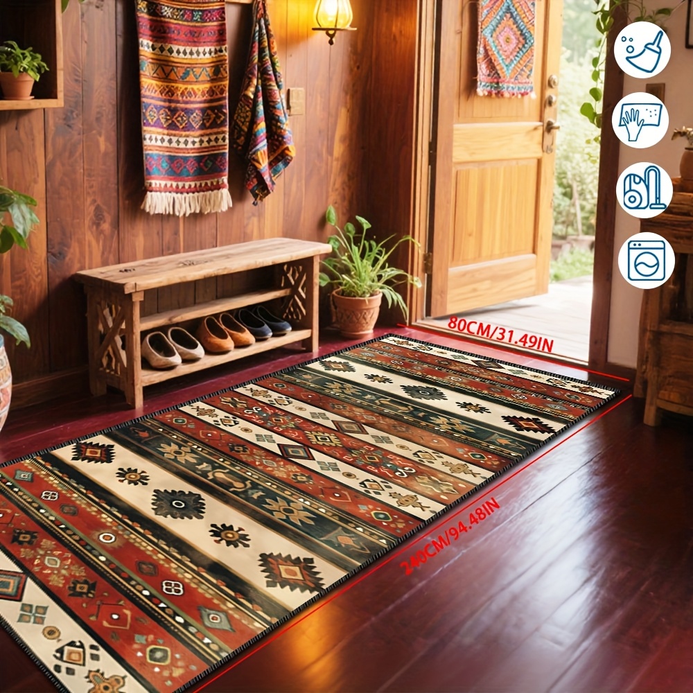 TEMU 1pc Bohemian Style Long Hallway Mat - Soft, Comfortable, Machine Washable Polyester Mat For Living Room, Bathroom, Laundry Room, And Entryway -