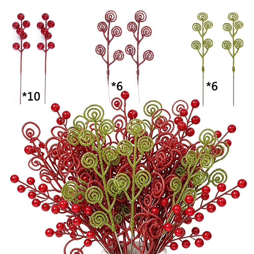 TEMU 22pcs Red And Green Christmas Candy Picks And Red Berries, Glitter Tree Picks And Sprays Twigs Artificial Curly Stem Candy Picks Ornaments