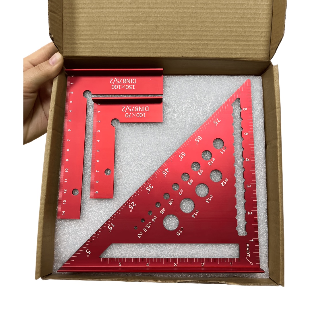 TEMU Industrial-grade 3pcs Set: Red Right Angle Square + 7-inch Triangular Ruler, Aluminum Alloy Woodworking Square, Metric Woodworking Miter Square