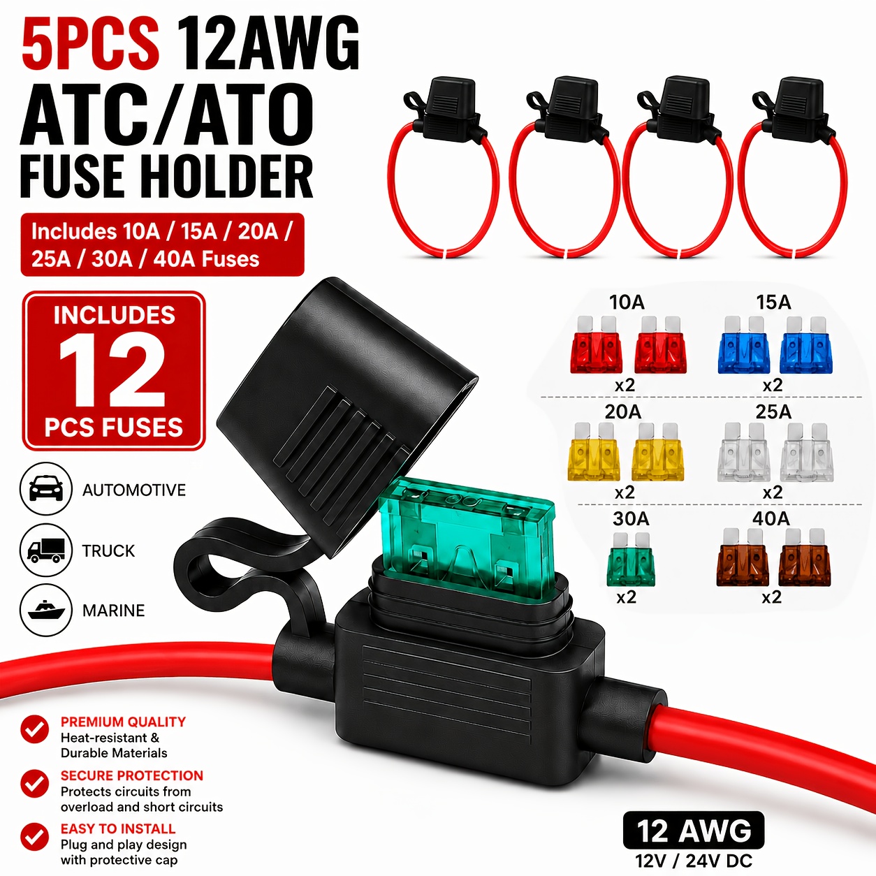 TEMU 5pcs 12awg Inline Atc/ato Blade Fuse Holder Set, Max 40a 12v/24v , Wire & Brass Contacts, Protective Cover Fuse Holder With Assorted