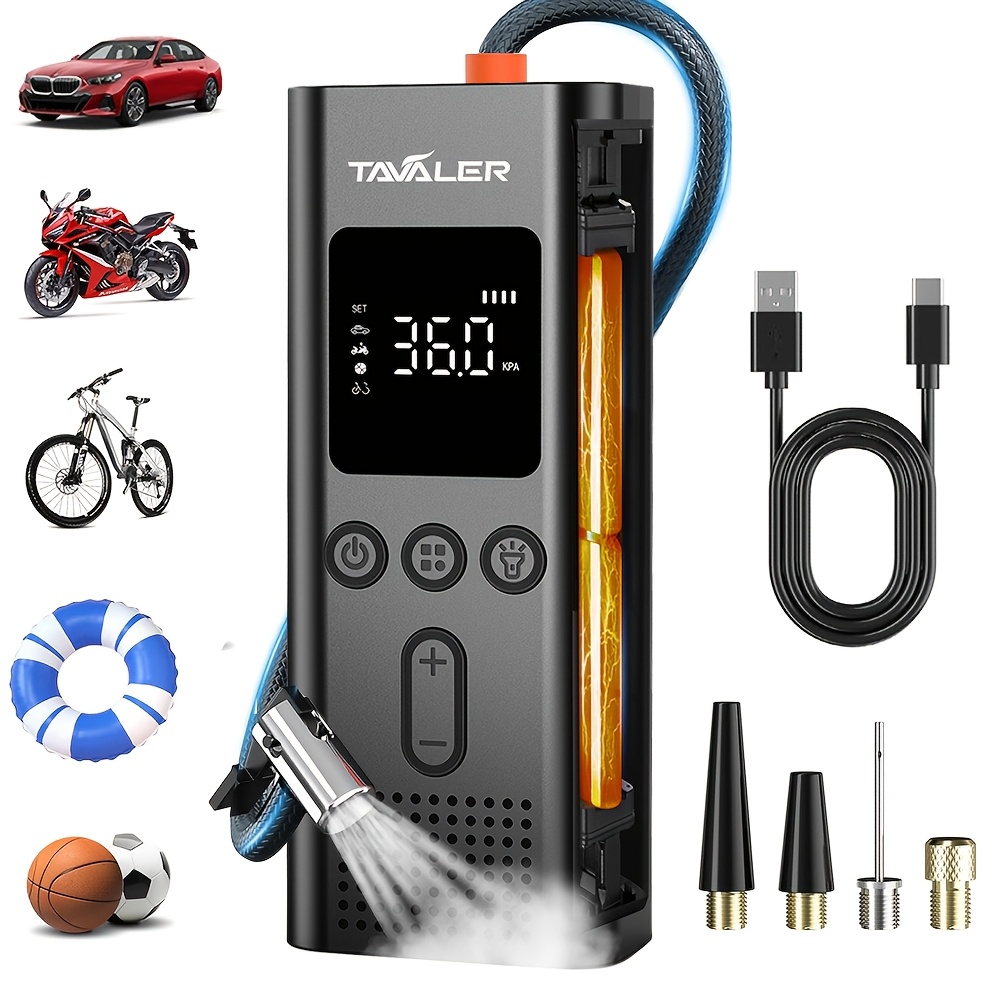 E-shop Tavaler Tragbarer Reifenfüller mit Digitalanzeige | 150 PSI, Wiederaufladbarer Lithium-Akku, LED-Licht, Kabellos, , Kompaktes und Robustes