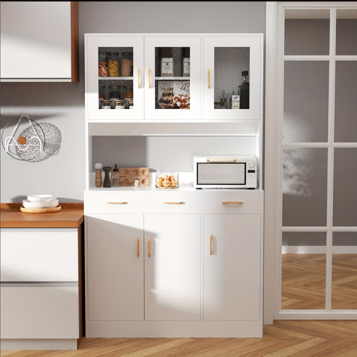 TEMU Buffet, Kitchen Storage Unit, 170cm Buffet, Kitchen Buffet, High Cabinet, Versatile Cabinet Featuring 3 Drawers And Glass Doors, Open Shelf,