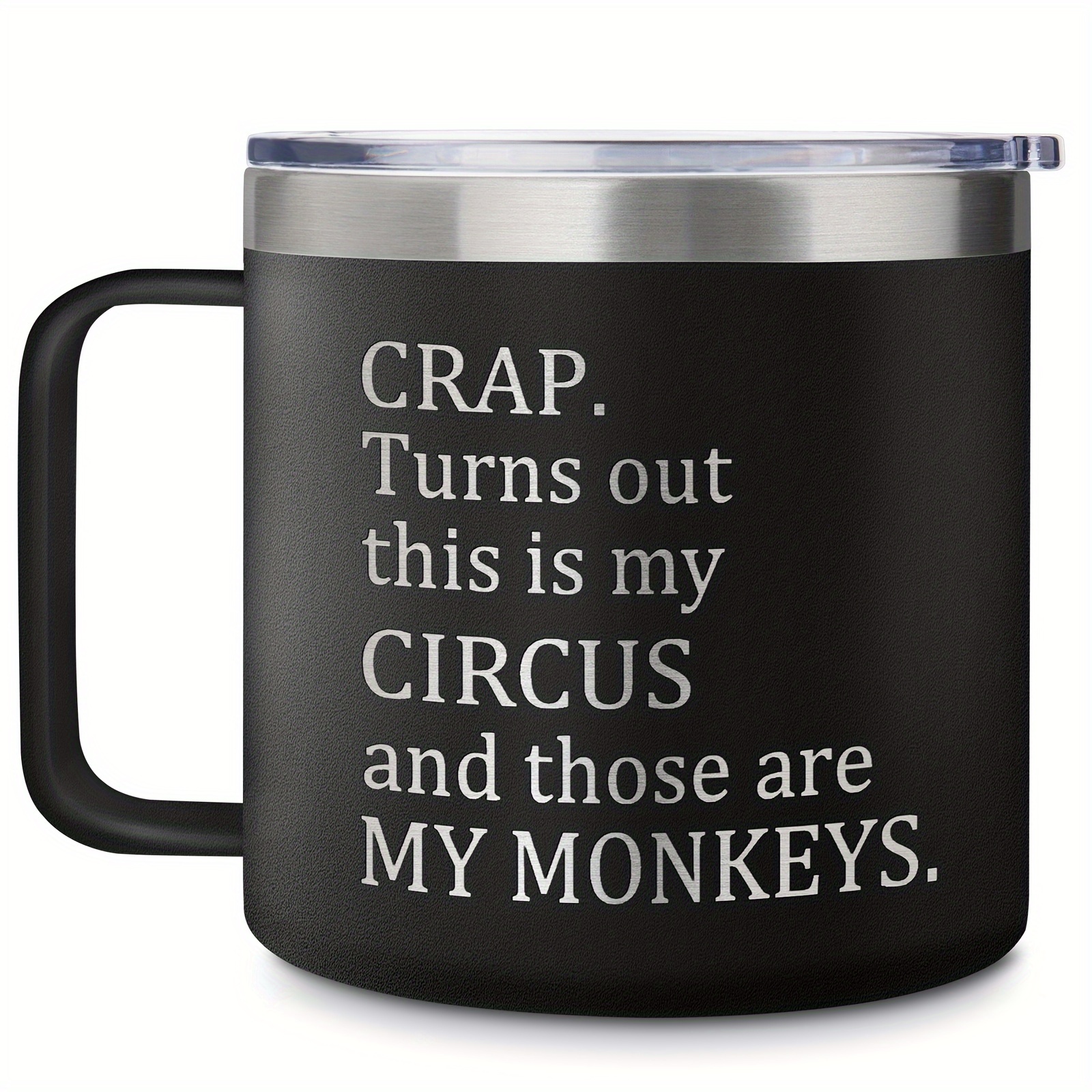 14oz Stainless Steel Coffee Mug with Lid, Reusable - Funny Letter Print &quot;Crap, This is My Circus and Those are My Monkeys&quot; - Hand Wash Only, Ideal for Christmas, Hanukkah, Valentine&#39;s, Thanksgiving, Father&#39;s Day - Perfect Multipurpose Gift for Mom from Daughter or Son