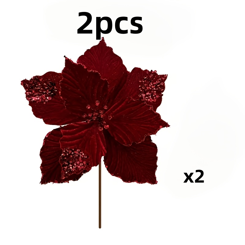 TEMU 2pcs Burgundy Christmas Poinsettia Branches With Glitter, Artificial Fake Poinsettias For Christmas Trees, Wreaths, Decorative Vases, Festive