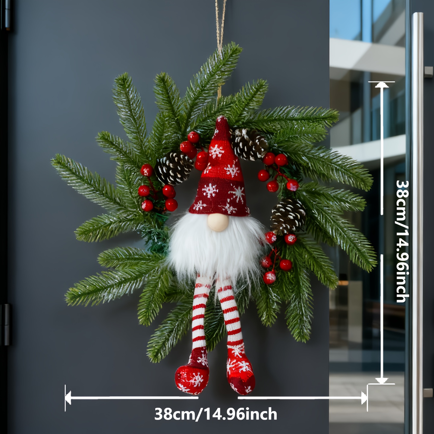 Image of Christmas Wall Hanging Decor, 40x38cm Long-legged Elf Ornament With Pine Cone And Berry For Door Tree Fireplace Mantle