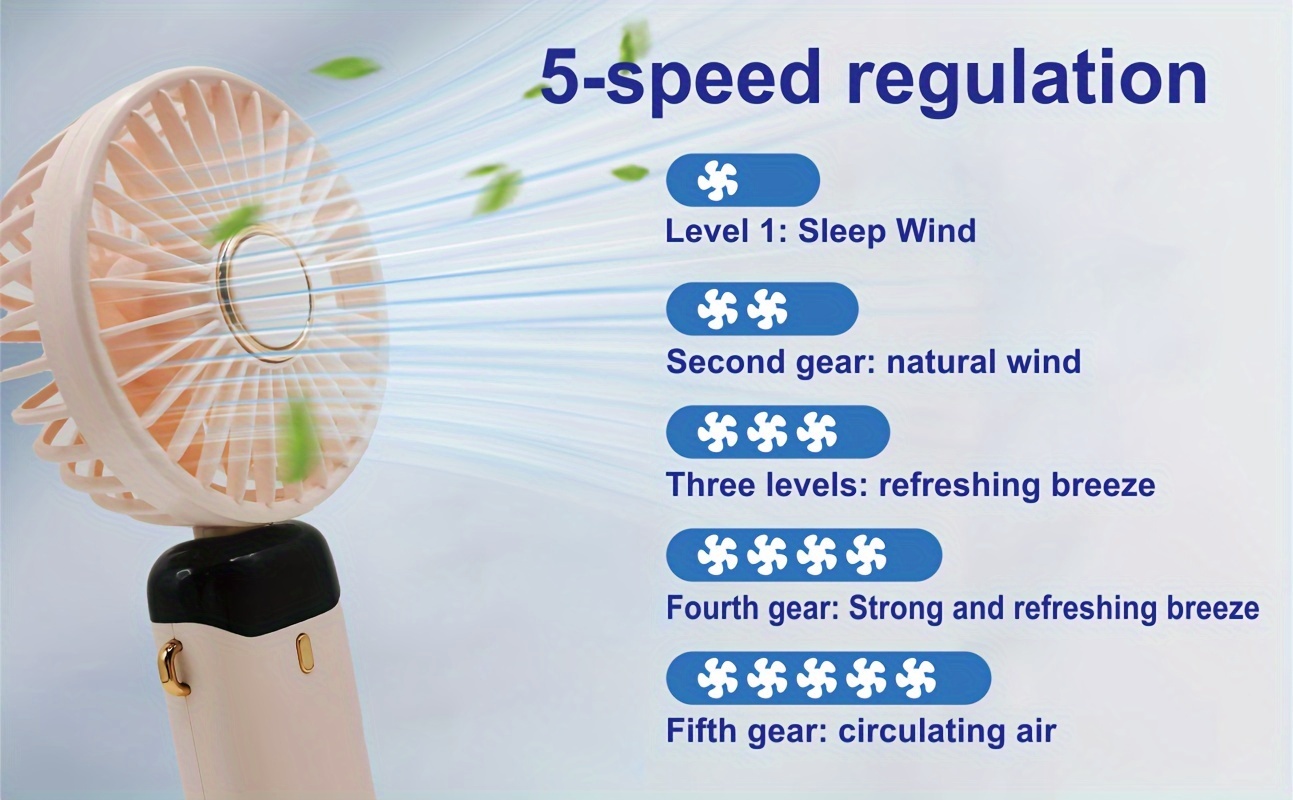 portable 5 speed mini fan with led display high velocity foldable neckband button control usb rechargeable 1200mah lithium battery abs material painted finish air circulation wearable fan for indoor outdoor use details 3