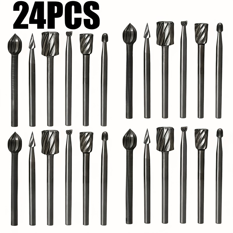Image of 24pcs Hss Rotary File Set | 6 Different Shapes Carving Bits | Grinding Tool | For Wood/metal Cutting, Carving And Polishing | Professional Portable Kit For Woodworkers And Crafters