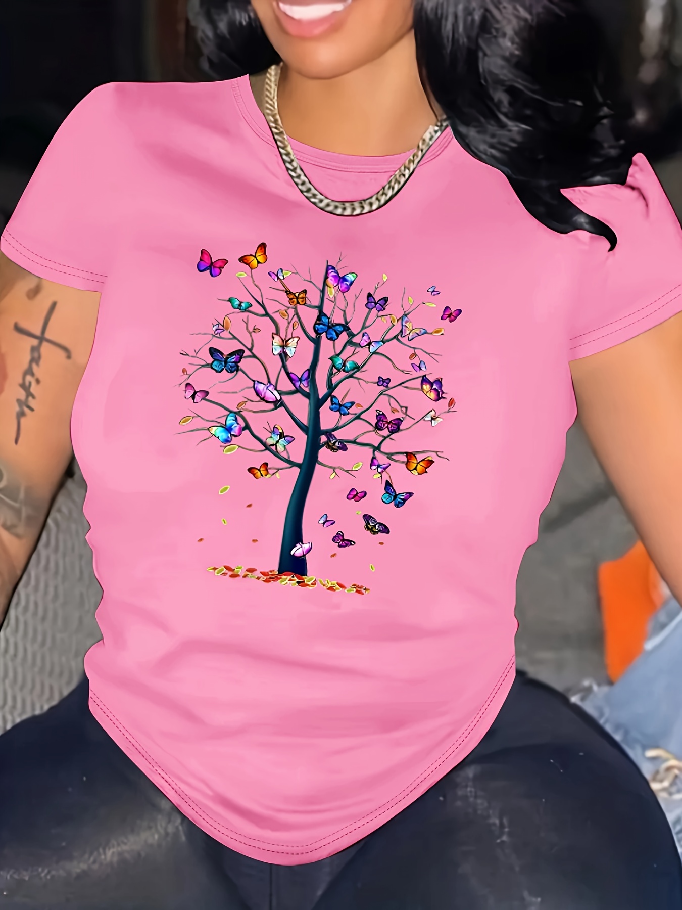 Butterfly Tree Print Crew Neck T-Shirt, Casual Short Sleeve T-Shirt For Spring & Summer, Women's Clothing