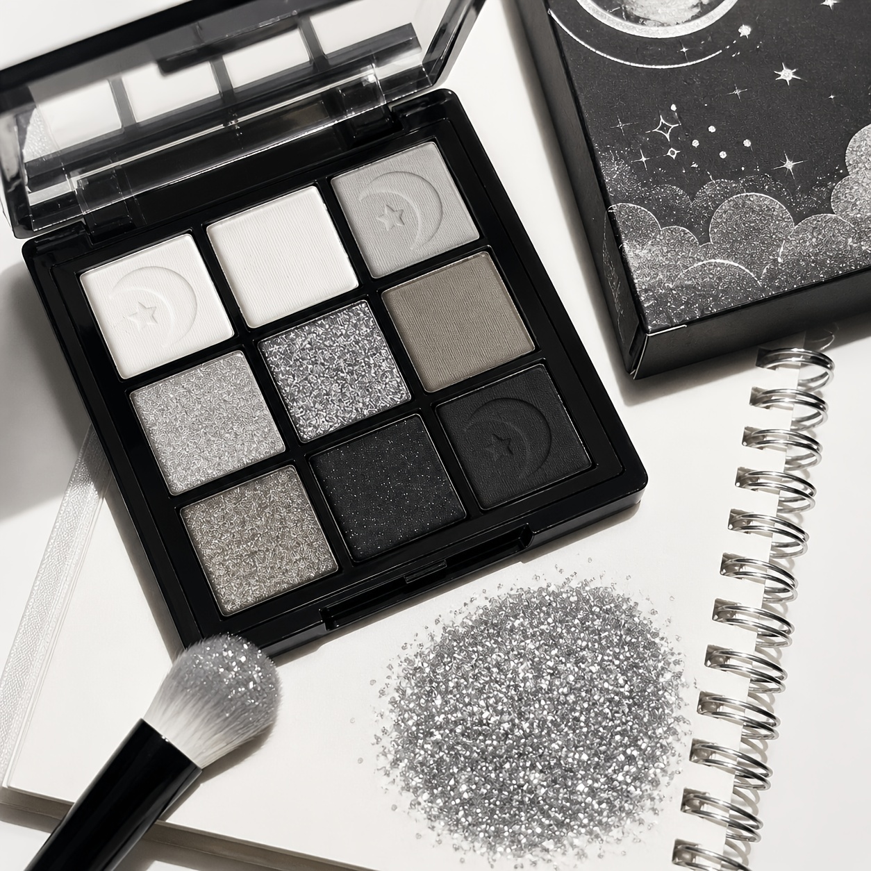 K'apeine 9-color Black, Eyeshadow Palette-a Multi-effect Makeup Palette Featuring Matte, Shimmer, And Glitter ; A Cool- Smoky Silvery Color Scheme With High Pigmentation And Long-lasting Wear.