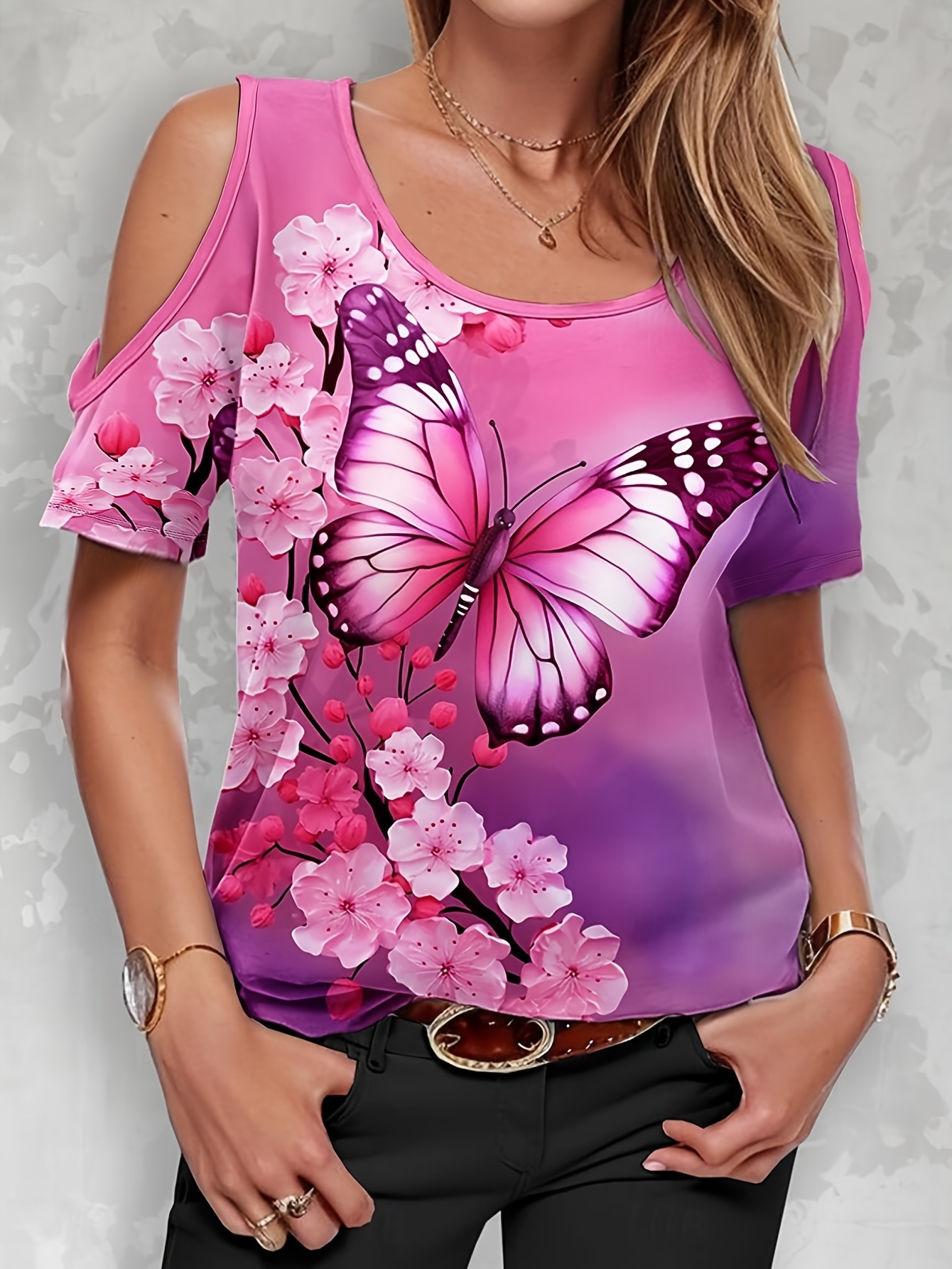 Butterfly Print Crew Neck T-Shirt Elegant Cold Shoulder Short Sleeve T-Shirt For Spring & Summer Women's Clothing