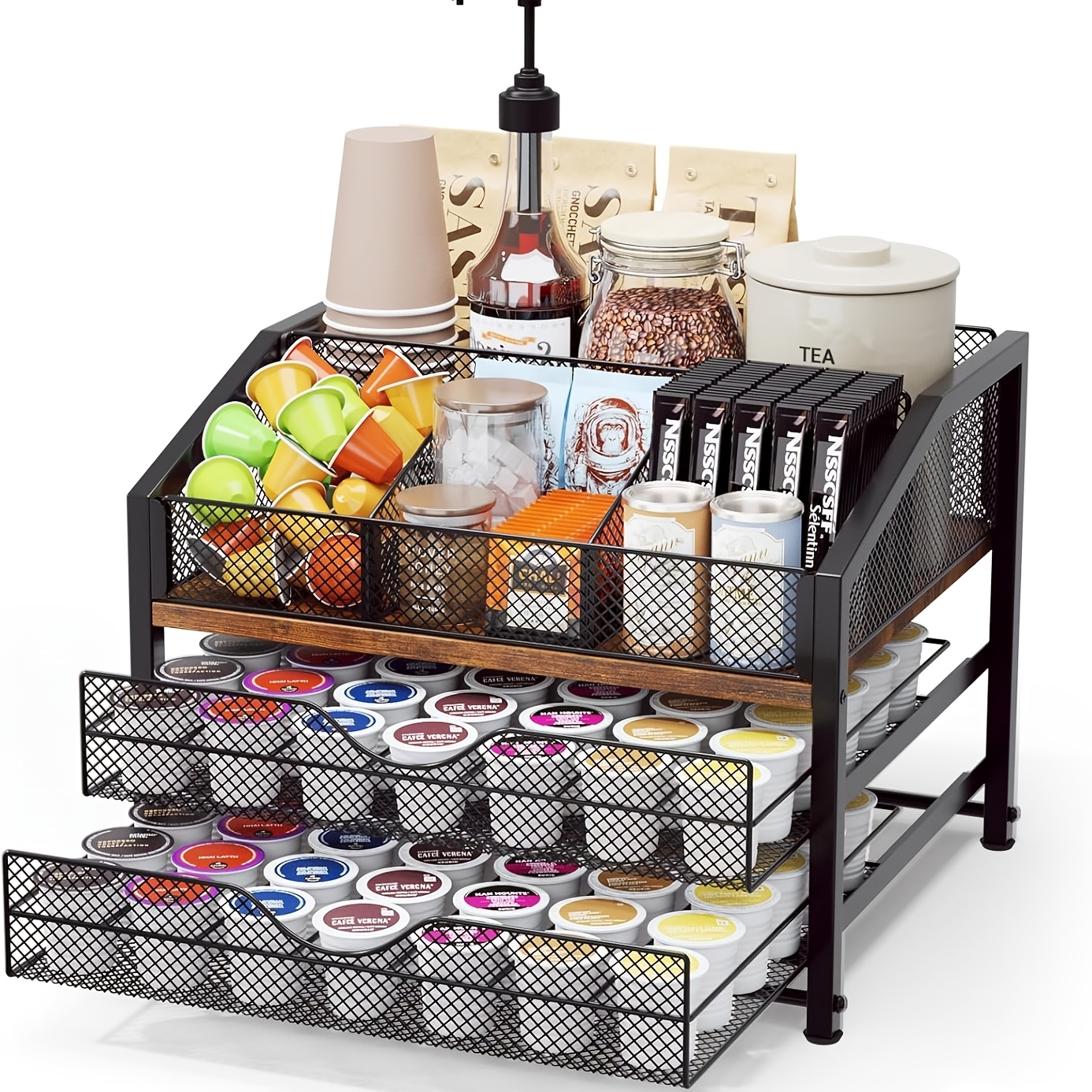 Wooden Wrought Iron Countertop Coffee Bar Storage Rack - Multi Layer Storage Rack Suitable -cup Holder, Coffee Capsule Storage, Cup Storage Basket, Seasoning Storage