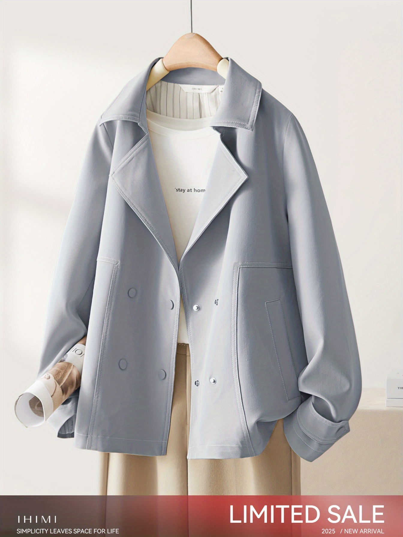 Women'S Elegant Light Trench Coat Collar Short Length *-like Jacket,  Machine Washable Non-Stretch Fabric, Office Semi-formal