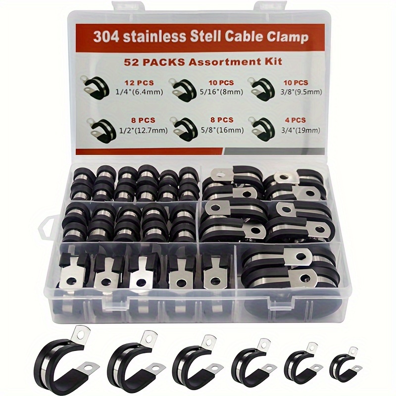

52pcs Cable Clamps Assortment Kit, 304 Stainless Steel Rubber Cushion Pipe Clamps In 6 Sizes 1/4" 5/16" 3/8" 1/2" 5/8" 3/4