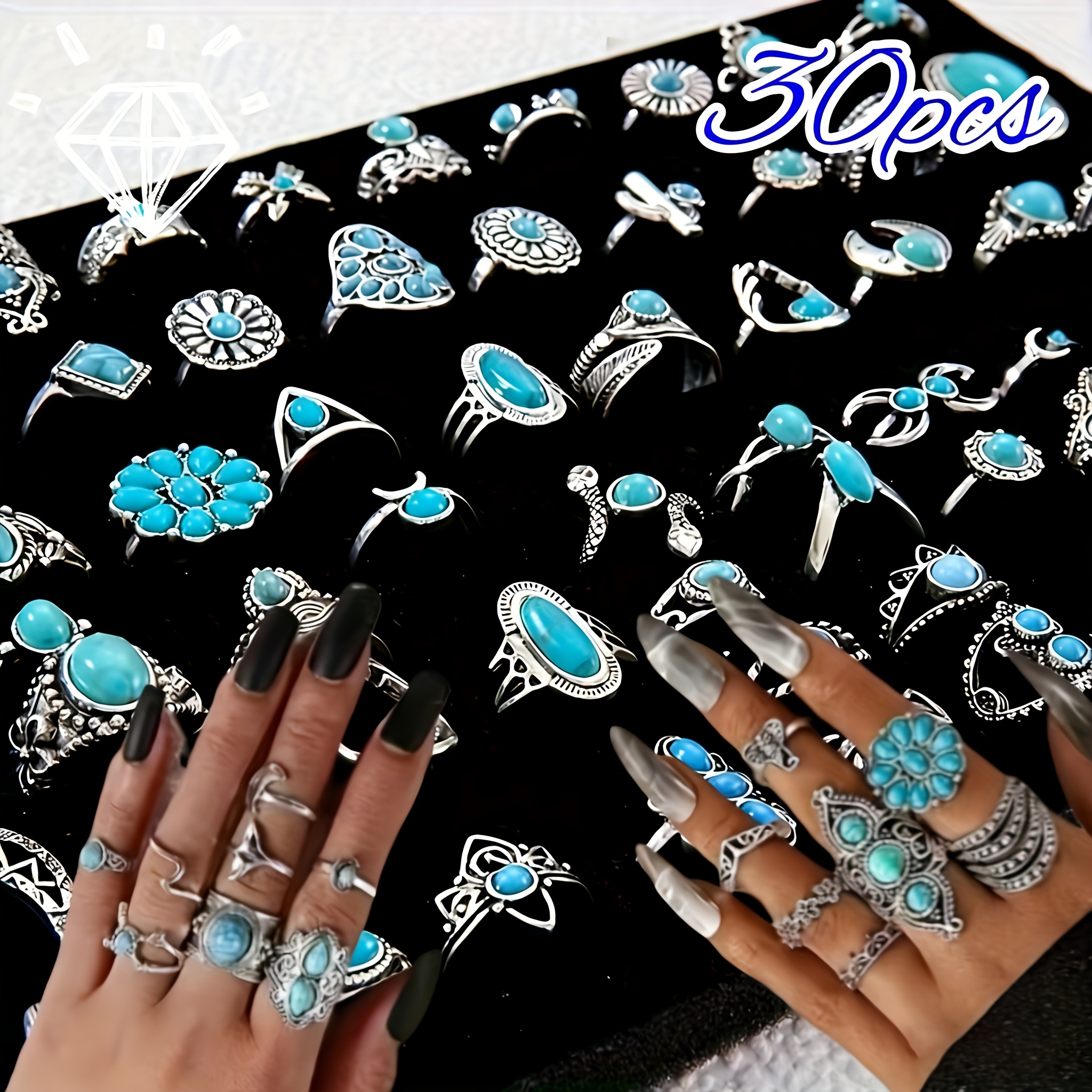 TEMU 30pcs Women's Turquoise Jewelry Set: Classic, Stylish Jewelry In A Vintage Bohemian Style, Perfect For Daily Wear, Holiday Parties, And Festive