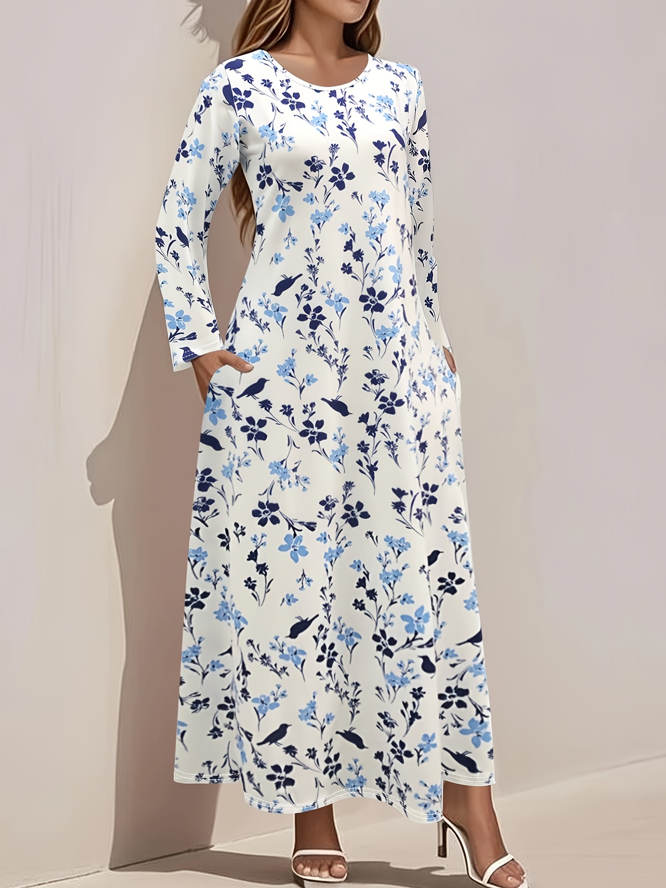 women's elegant floral print long sleeve maxi dress, v-neck, bell sleeves,  split hem, loose fit with belt, polyester, , regular fit, no padding,  straight silhouette, adult size, woven fabric - women's clothing -