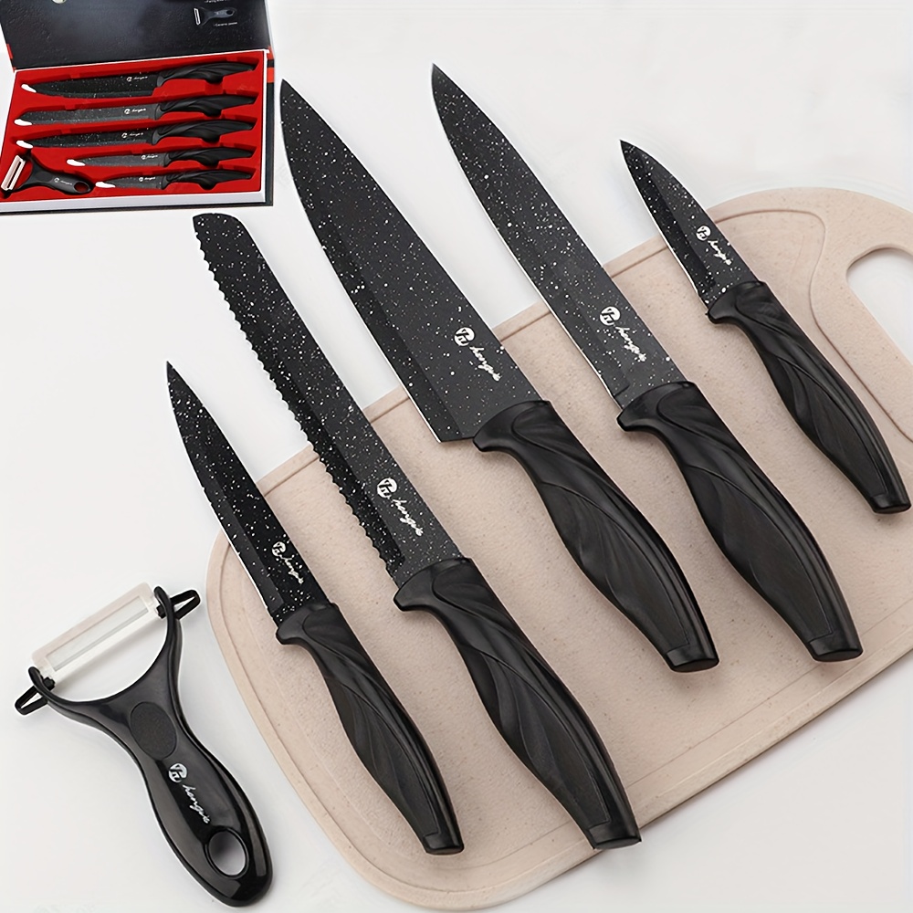 TEMU 6pcs Knife Set, Kitchen Knife Set, Chef Knife, Meat Knife, Bread Knife, Vegetable Knife, Utility Knife, Peeler, Steel Kitchen Knife Black Color,