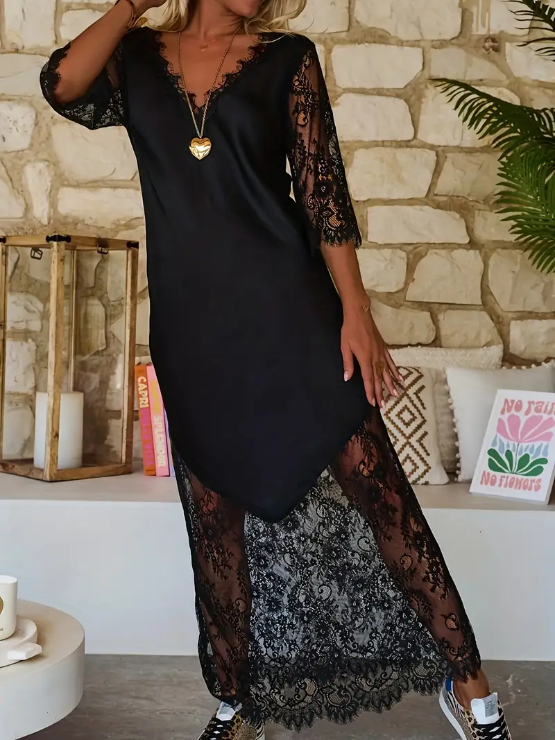 women's black stitching lace dress Jamie Black Floral Lace Stitching Long Sleeve Dress / L
