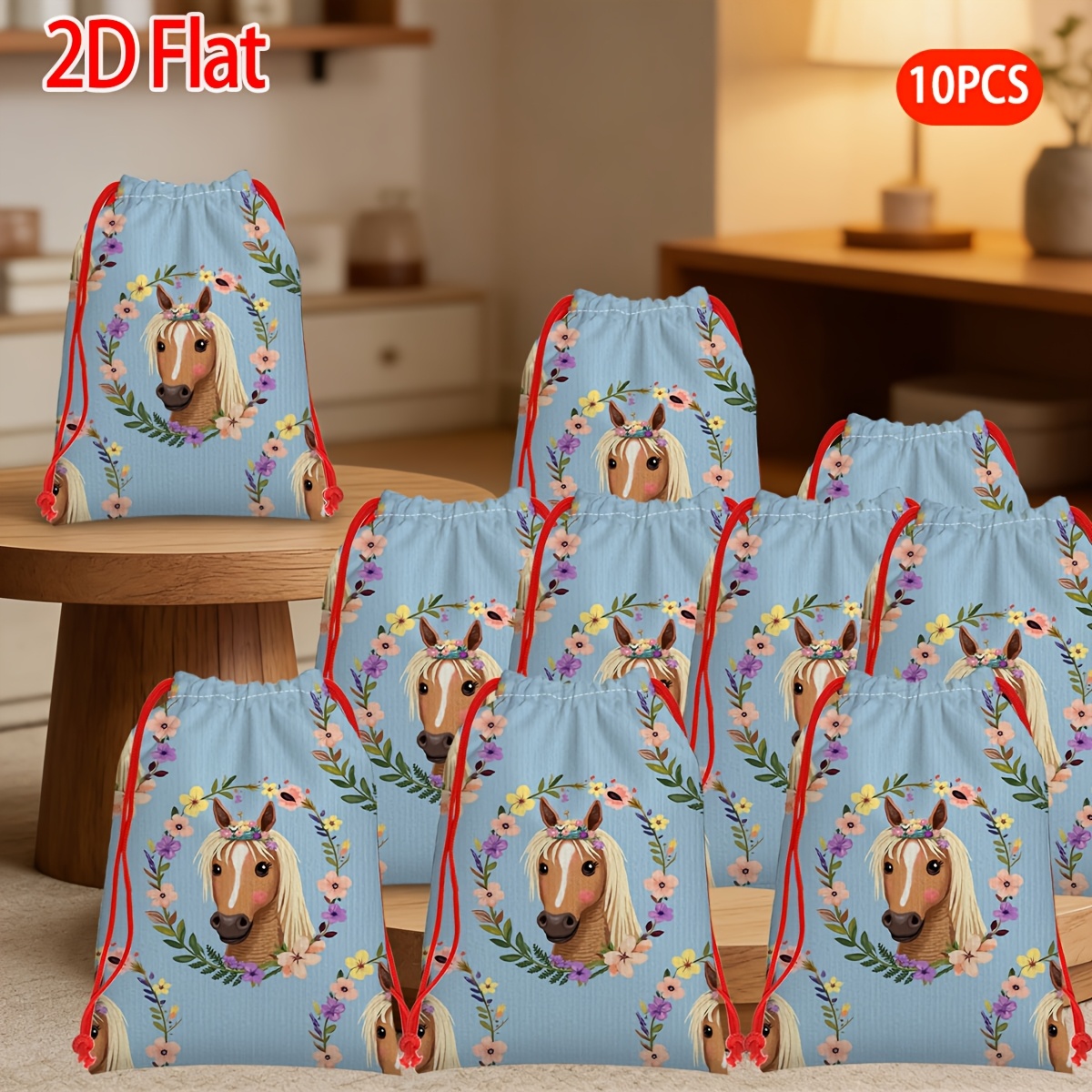 TEMU Gift For Her/him 5pcs/10pcs Horse Head Wreath Gift Bags With Adjustable Drawstring Closure - Reusable Horse-themed Candy & Favor Bags Suitable