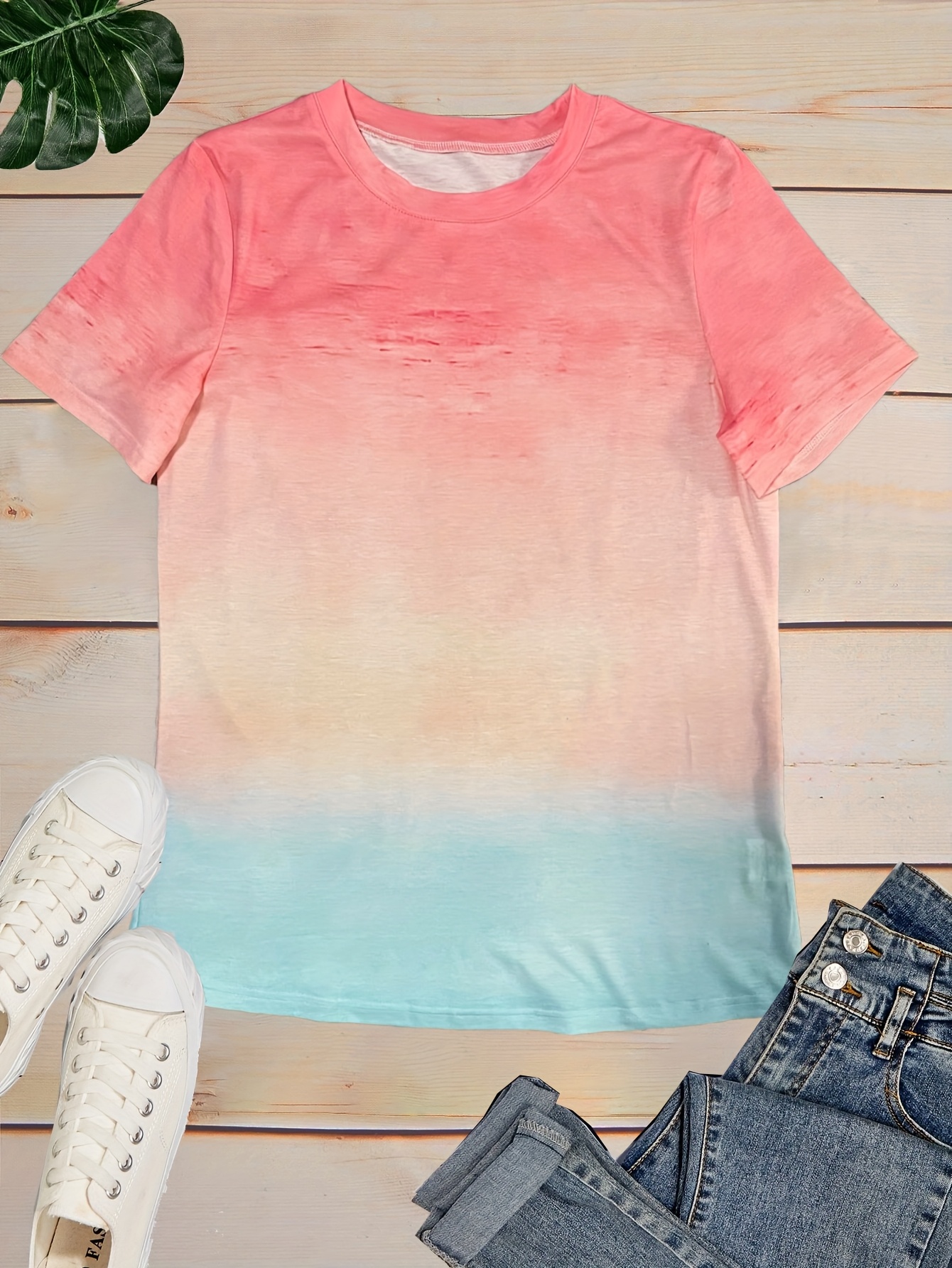 Gradient Crew Neck T-shirt, Short Sleeve Casual Top For Spring & Summer, Women's Clothing
