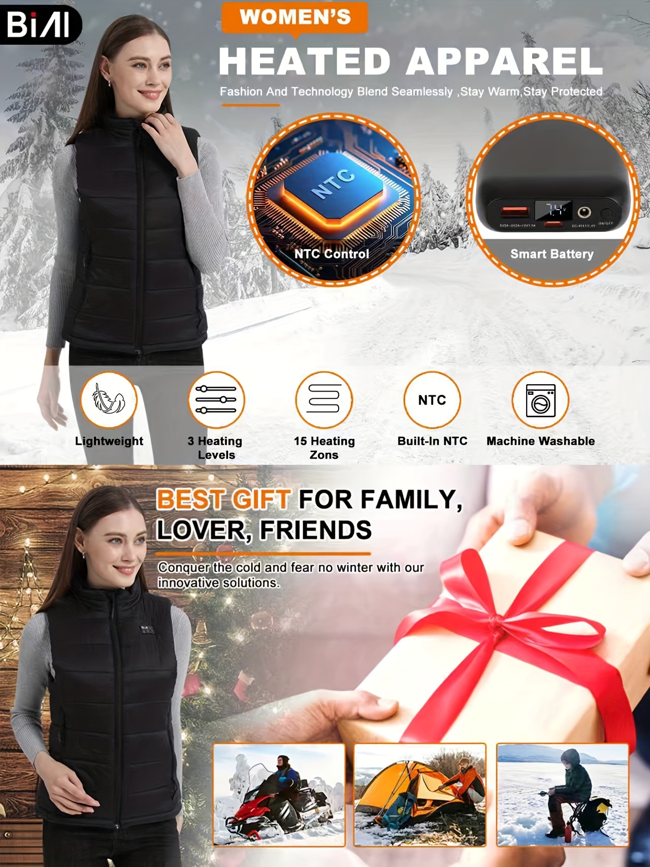 Gilet chauffant pour femmes avec batterie 7.4V 16000mAh à charge rapide | Veste chauffante modèle mis à jour pour femmes, style décontracté avec col montant et détails de fermeture éclair, motif rayé, tissu légèrement extensible