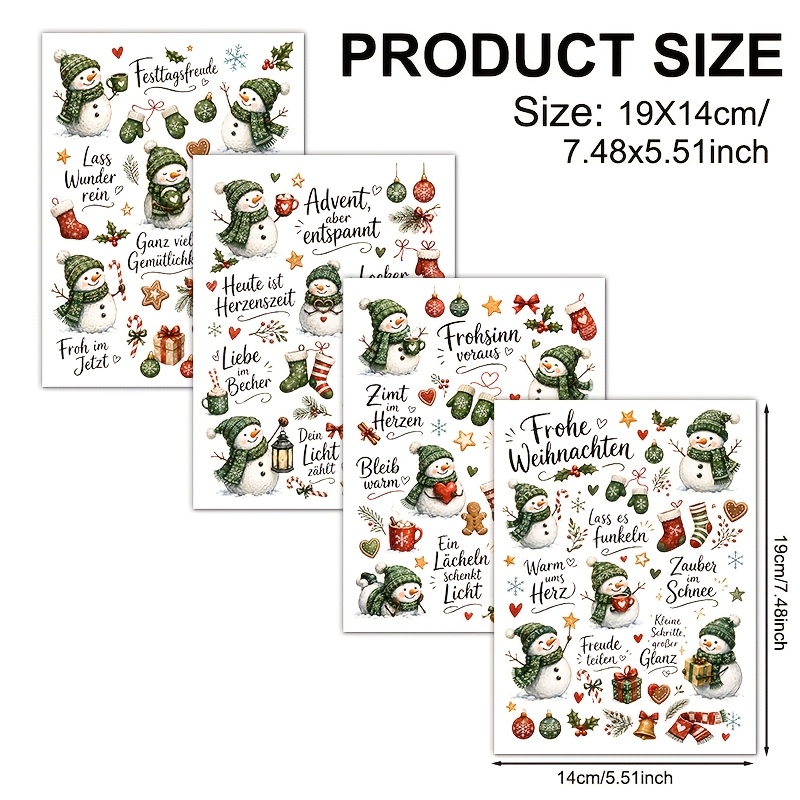 TEMU 4 Stück Schneemann Deutsche Weihnachten Vinyl UV DTF Transfer (Nur Transferpapier verkauft) Geeignet für Tassen, 16oz Glasbecher, Kaffeetassen,