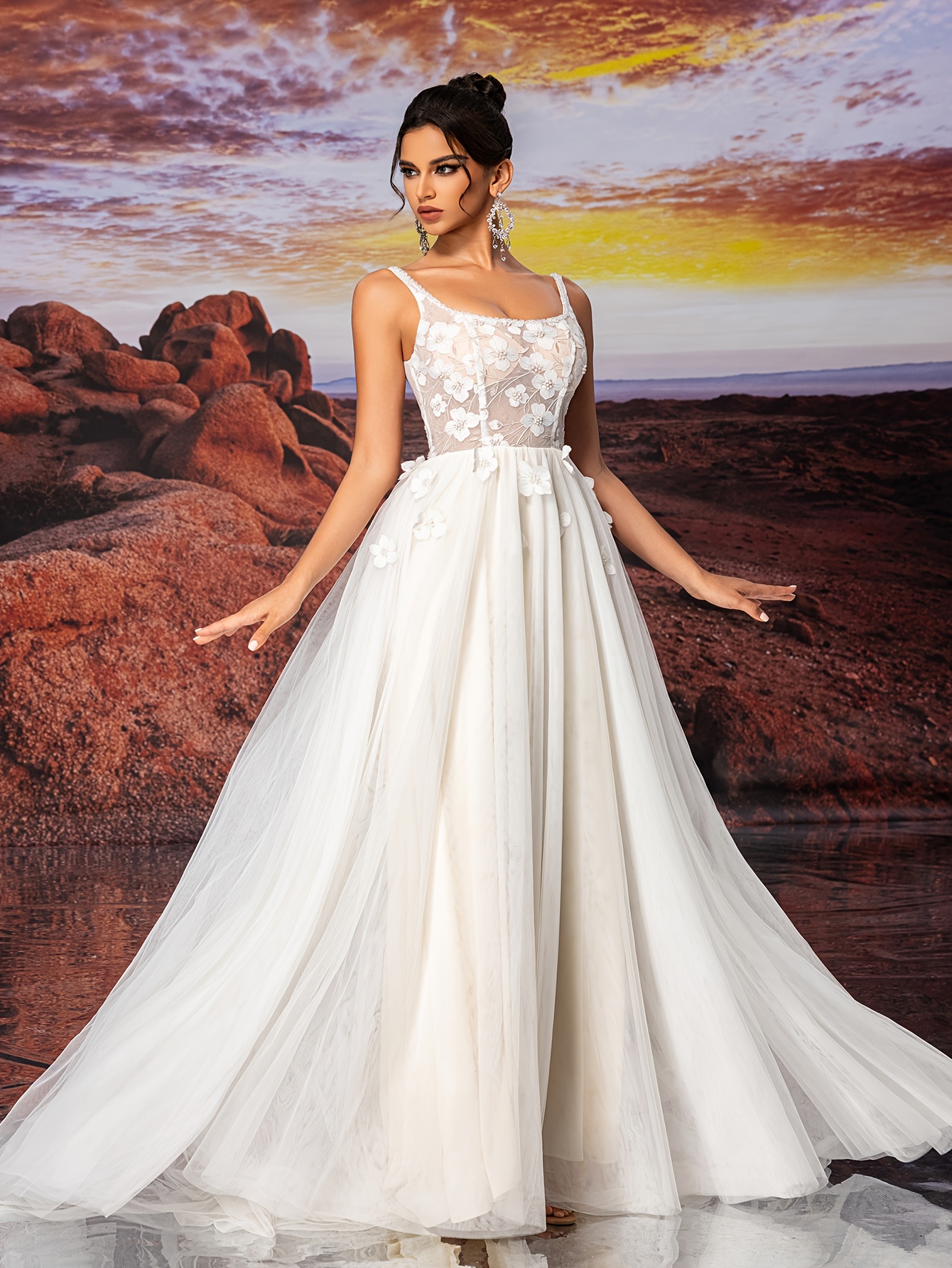 white halter wedding dress three dimensional flower fairy - Temu