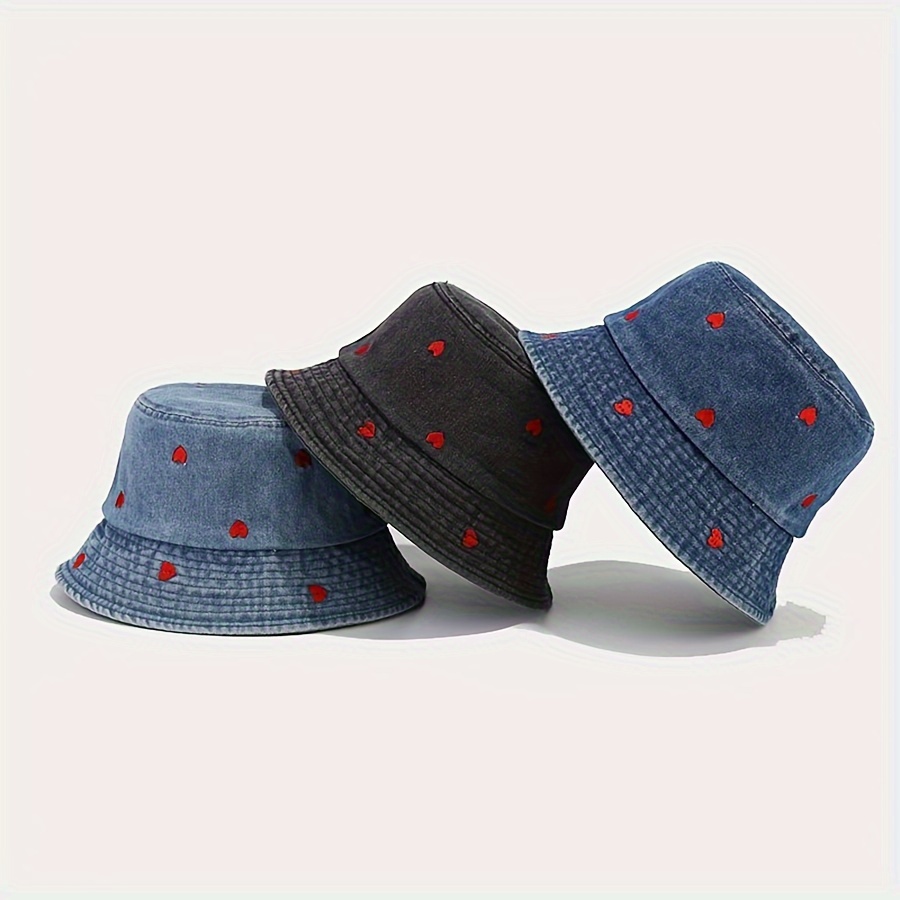 

Embroidered Heart Bucket Hat, Unisex Denim Cotton Cap, Trendy Sun Protection Outdoor Travel Hat