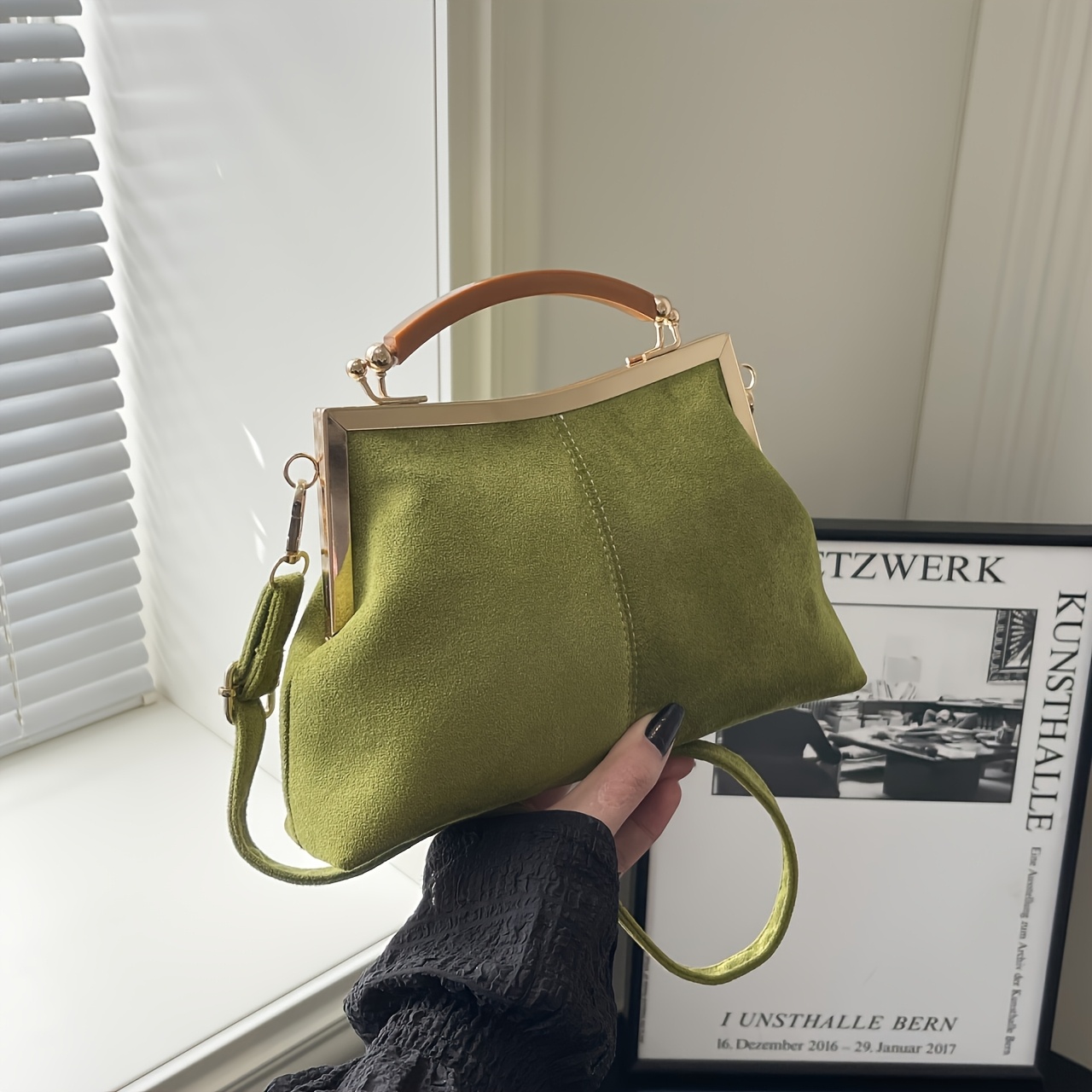TEMU Borsa a tracolla da donna 1 pz in pelle scamosciata stile francese vintage a blocchi di con clip, borsa a spalla ed elegante, regalo per San