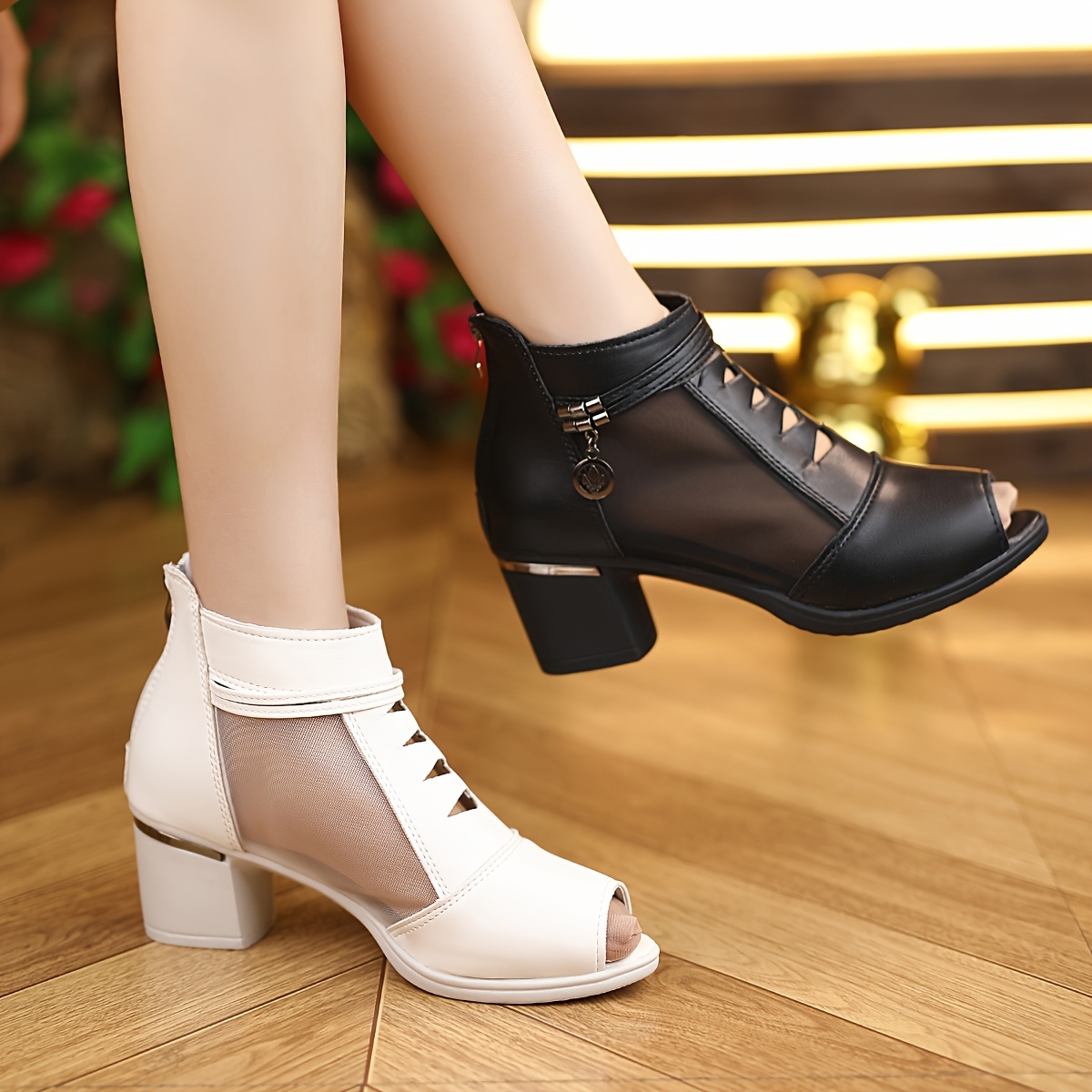 botines malla negros mujer recortes en punta tacón Temu Ecuador