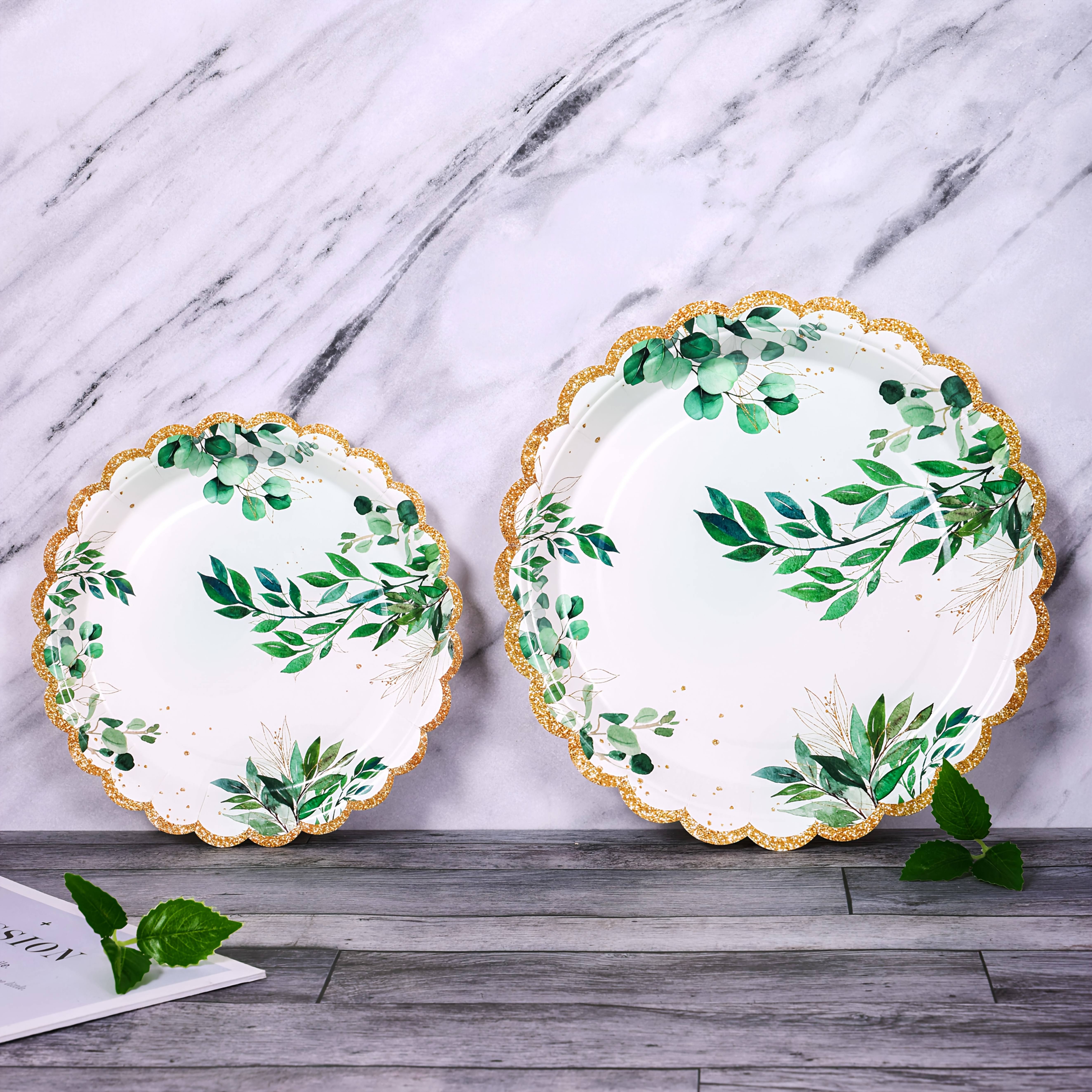 100pcs Elegant Green & -edge Disposable Dinnerware Set - -shaped Fan- Plates (7"/9") With , Bulk Paper Plates For Weddings, Parties, Birthdays, Tableware, Decorative Serving Dishes
