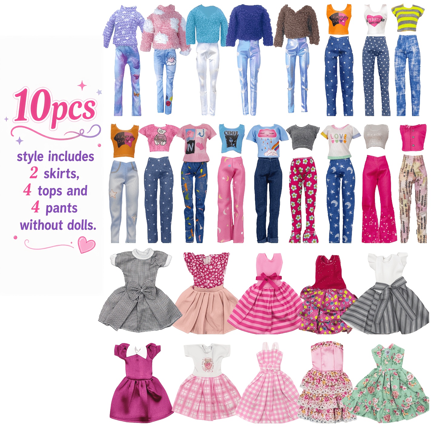 TEMU Multi-item Party Gift Pack | 10pcs Basic Doll Outfit Set | : 2 Skirts, 4 Tops, 4 Pairs Of Pants | Fits 11.5-inch/30cm Dolls | Mix-and-match