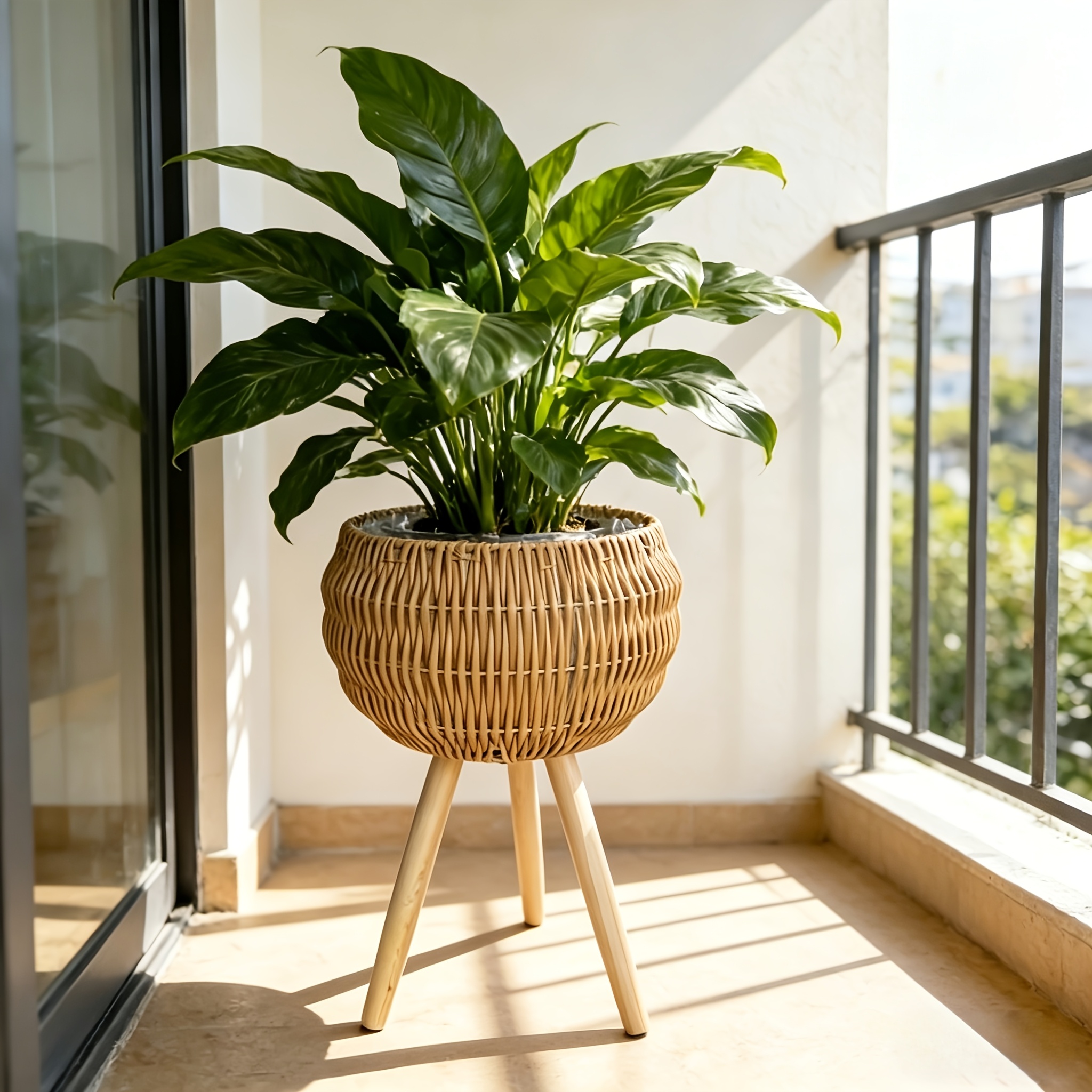 1pc Boho Rattan Plant Pot with Wooden Tripod Stand, Hand Woven Basket Planter with Liner, Ideal for Indoor Plants, Living Room, Balcony, Apartment, Perfect for Renters