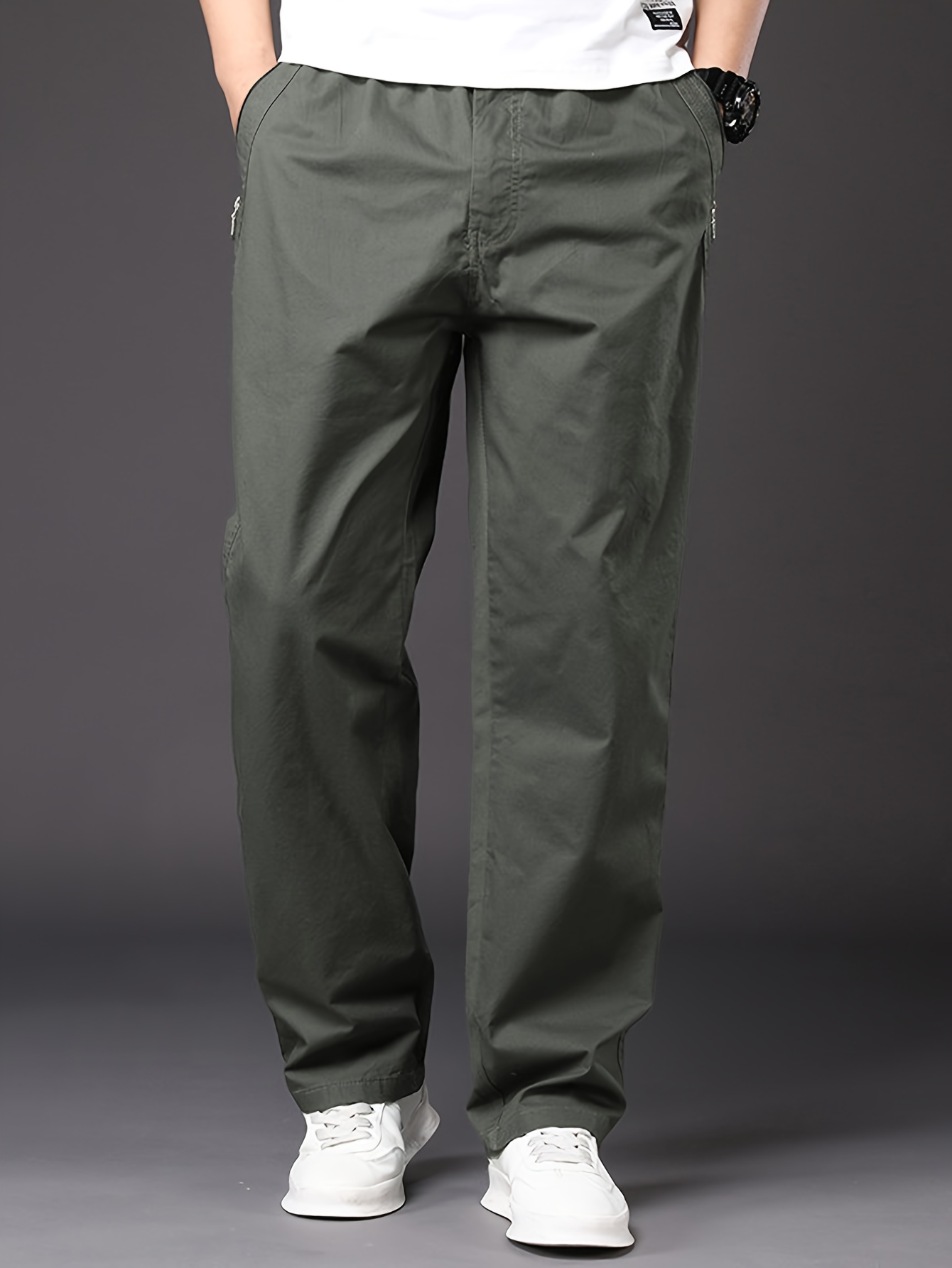 item picture autumn mens casual cargo pants solid color pure cotton fabric classic loose fit versatile style elastic waistband zippered pockets suitable for outdoor leisure     for middle aged men