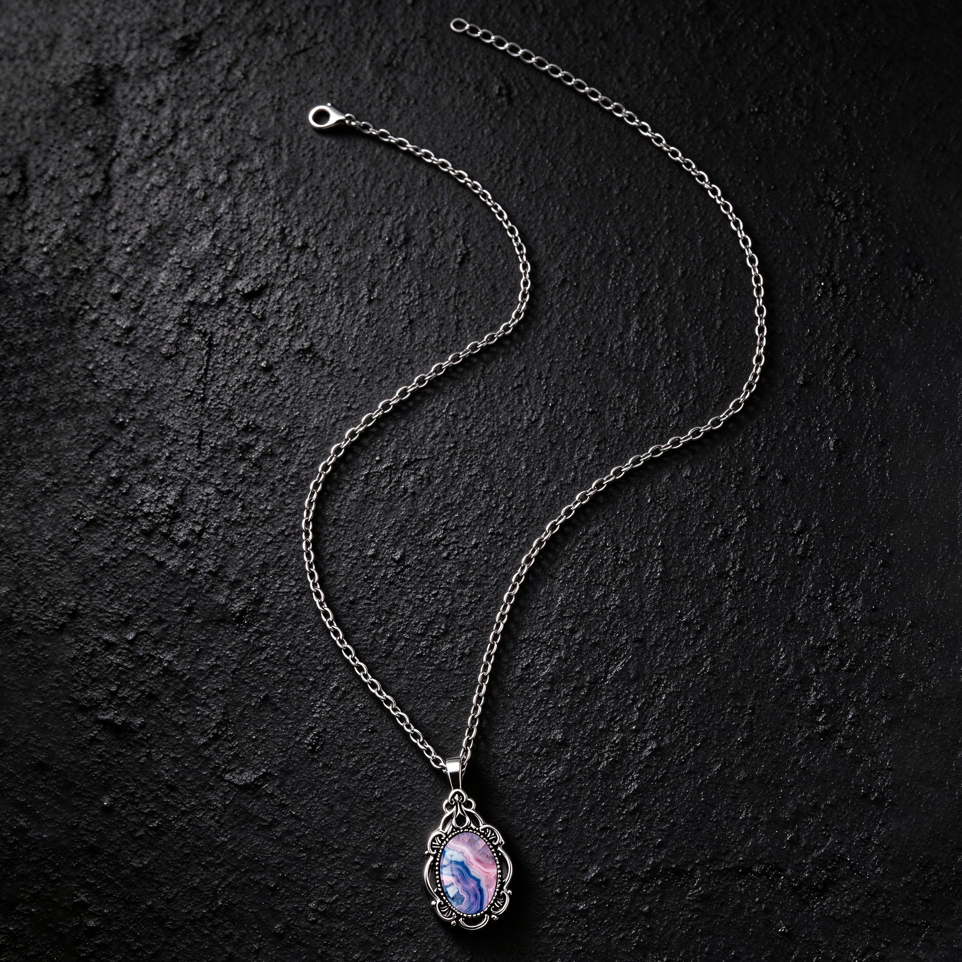 Pink-Purple Blue Agate Texture Oval Glass Pendant Necklace