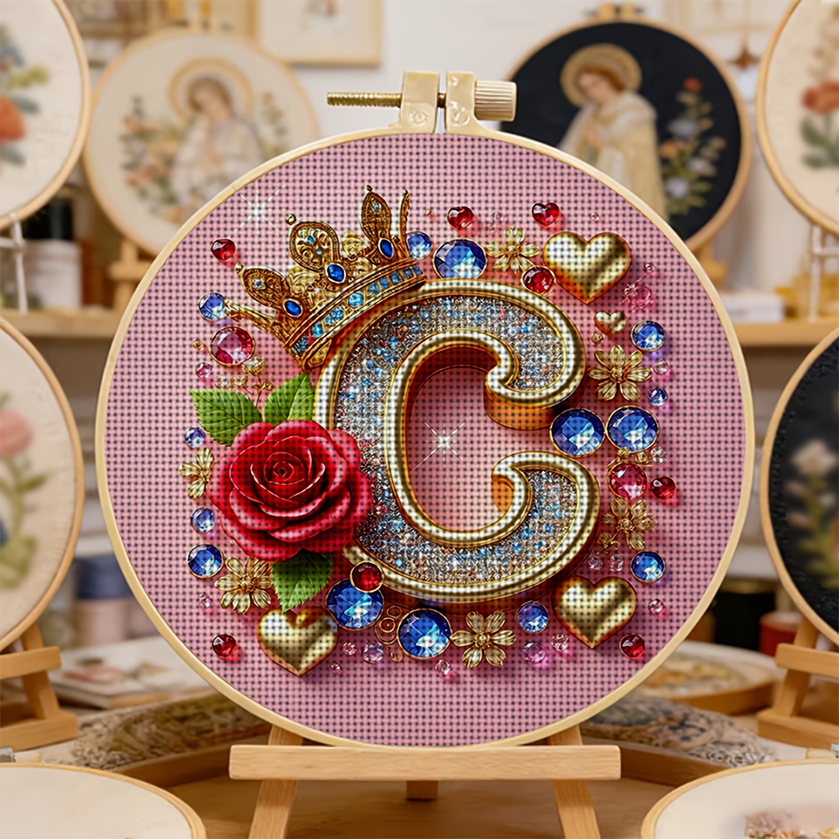 Round DIY Cross-Stitch Starter Kit with Rhinestone Rose Design